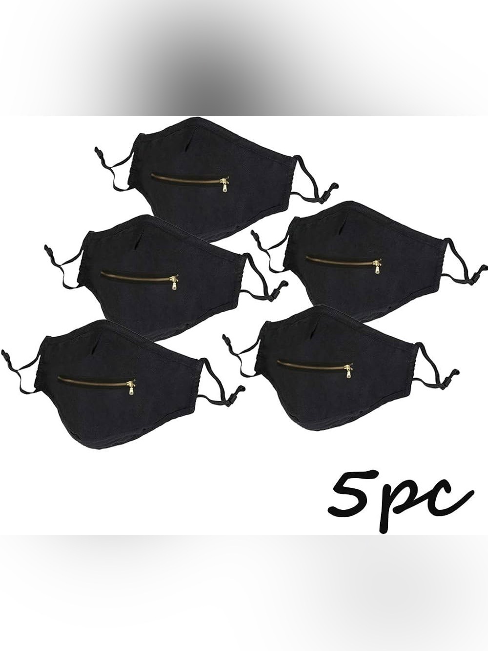 5 Black Face Masks with Gold Zipper